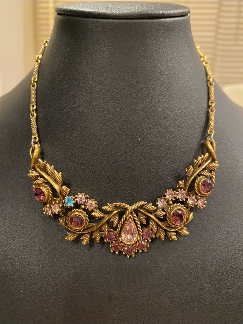 Vintage Gold Tone Floral Choker with Pink,Purple,Clear and aBlue Stones